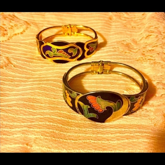 VINTAGE Cloisonné Hinge Bracelet Set - Picture 7 of 9